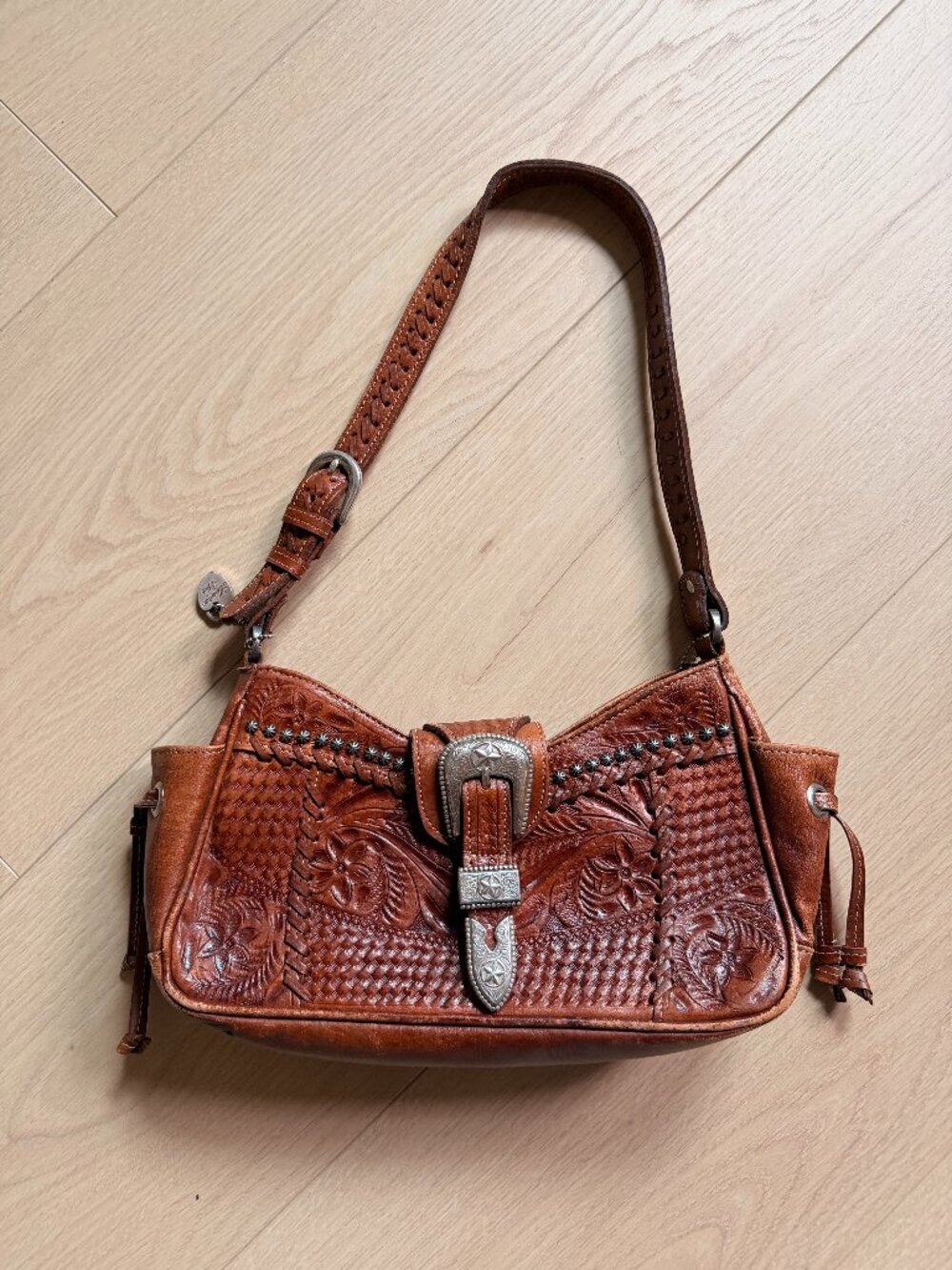 American West Tooled Leather Western Shoulder Bag Buckle Studded Brown